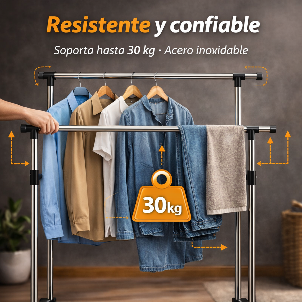 El orden que tu ropa y tu hogar estaban necesitando - Tendedero Doble con Ruedas