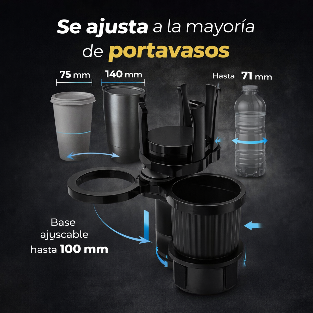 Más espacio, más orden, más comodidad al manejar - Porta Vasos 3 en 1